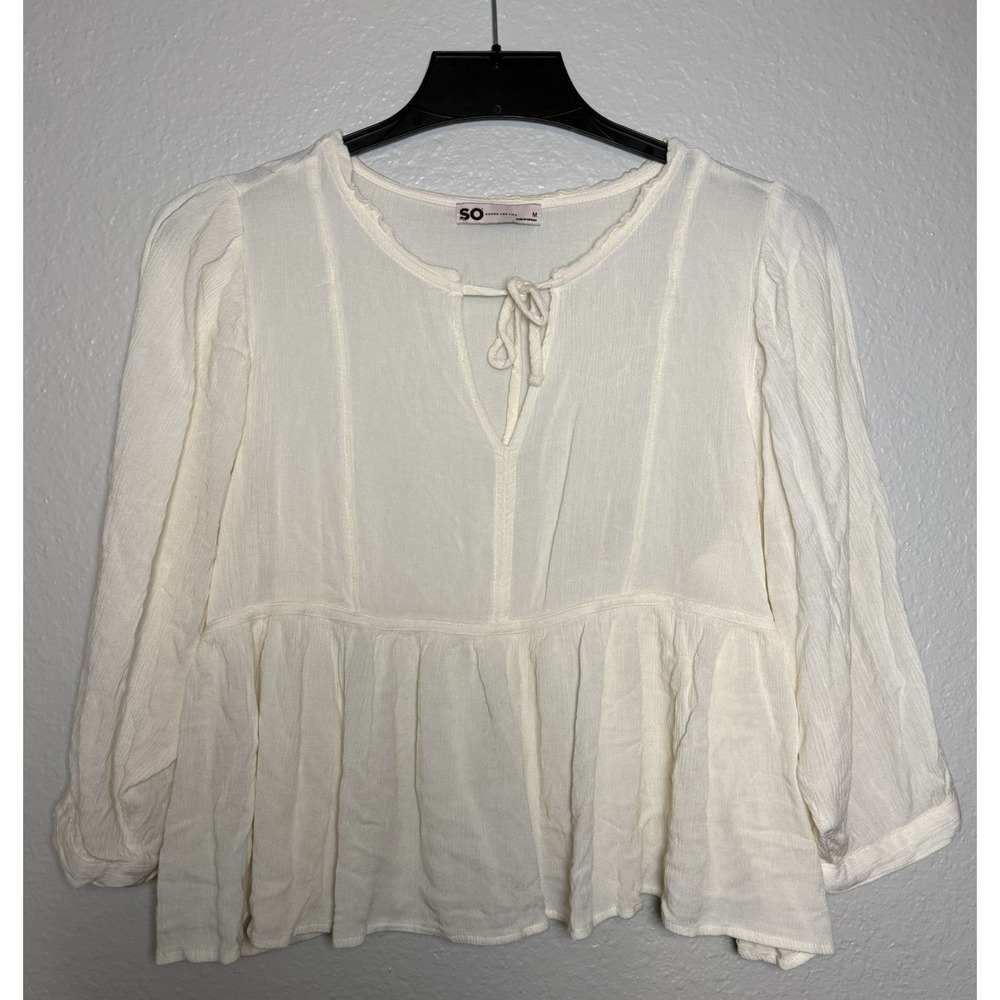Women's Lightweight White Ivory Top Size M Tie Neck Ruffle 3/4 Sleeve by SO